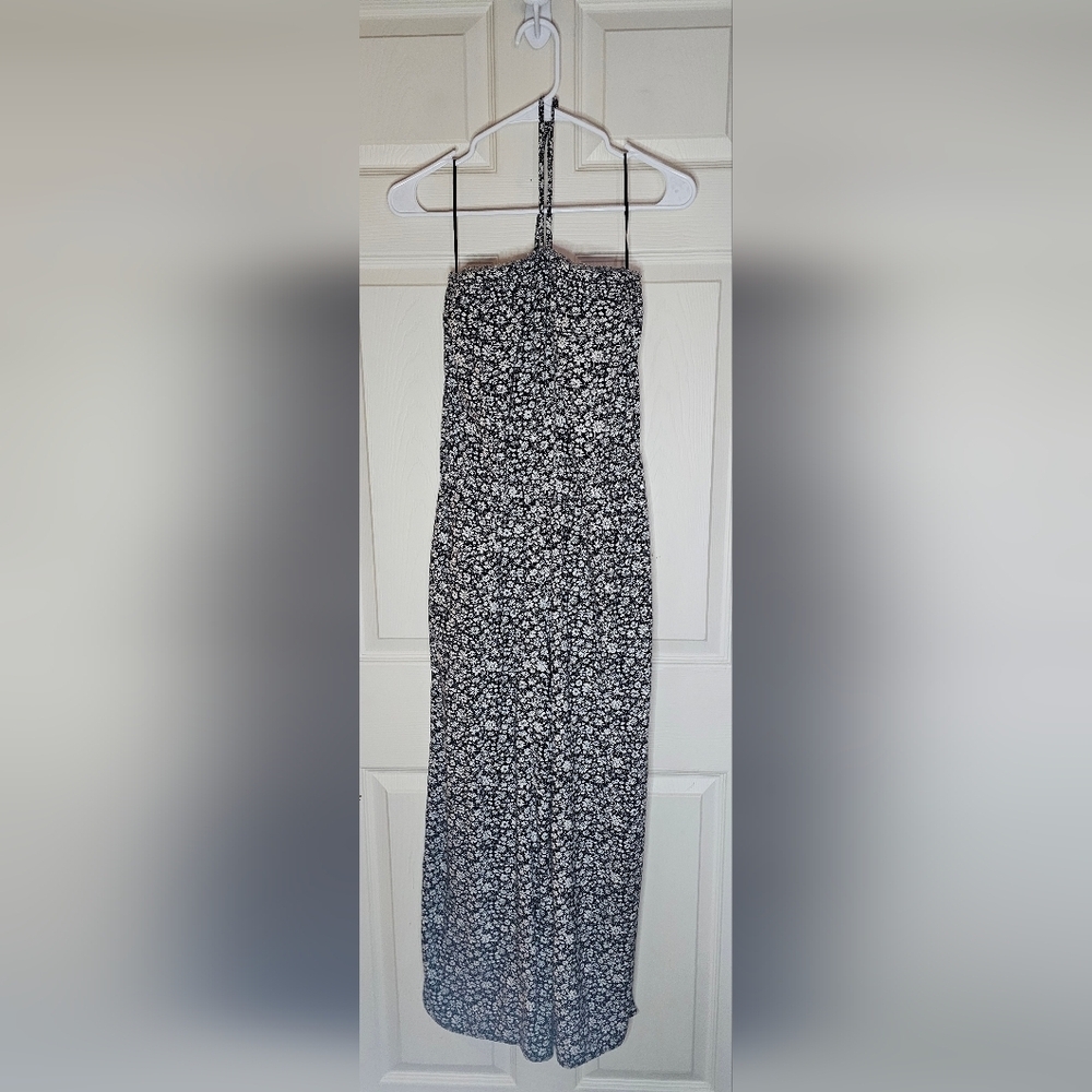 American Eagle Black White Floral Strapless Smocked Jumpsuit - Size Medium